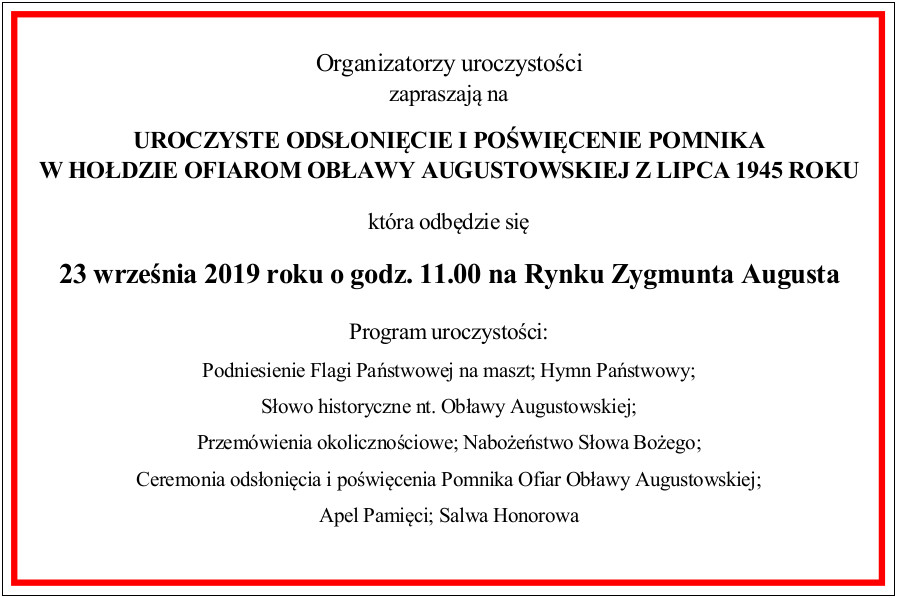Zaproszenie na odsłonięcie Pomnika Ofiar Obławy Augustowskiej