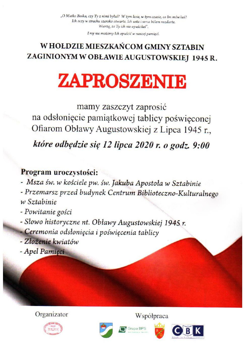 Szczegółowe informacje na temat obchodów 75. rocznica Obławy Augustowskiej w Sztabinie