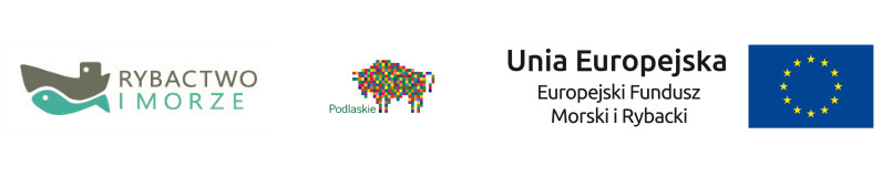 Logo Programu Operacyjnego „Rybactwo i Morze” na lata 2014-2020 – zbudowane z dwóch symboli: szarego kutra rybackiego oraz umieszczonej pod nim zielonej ryby, obok symboli znajduje się napis: Rybactwo (w kolorze szarym) i Morze (w kolorze zielonym).  Logo Województwa Podlaskiego – żubr zbudowany z różnobarwnych kwadratów, z lewej strony żubra, na dole znajduje się zielony napis „Podlaskie”.  Logo (symbol) Unii Europejskiej – emblemat ma formę niebieskiej prostokątnej flagi, na której zamieszczonych jest dwanaście złotych gwiazd rozmieszczonych w równych odstępach, tworzących niewidzialny okrąg, z lewej strony znaku znajduje się czarny napis „Unia Europejska Europejski Fundusz Morski i Rybacki”