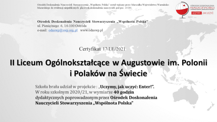 Certyfikat Ośrodka Doskonalenia Nauczycieli Stowarzyszenia „Wspólnota Polska”