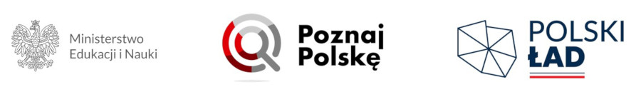 Logotypy  przedsięwzięcia pod nazwą "Poznaj Polskę". Od lewej: Logotyp z Orłem Ministerstwa Edukacji i Nauki, Logotyp Programu Poznaj Polskę, Logotyp Rządowego Programu Polski Ład.