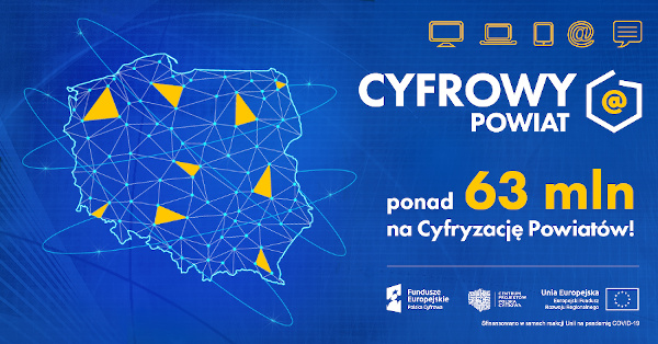 baner "Cyfrowy Powiat" - na niebieskim tle kontur Polski, napis 63 mln na cyfryzację