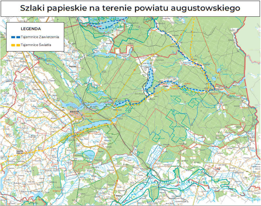 Mapa - szlaki papieskie na terenie powiatu augustowskiego: Tajemnice Zawierzenia i Tajemnice Światła