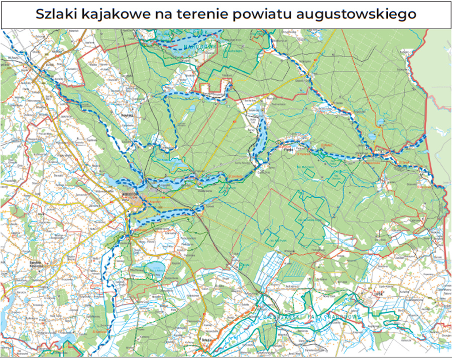 Mapa - szlaki kajakowe na terenie powiatu augustowskiego