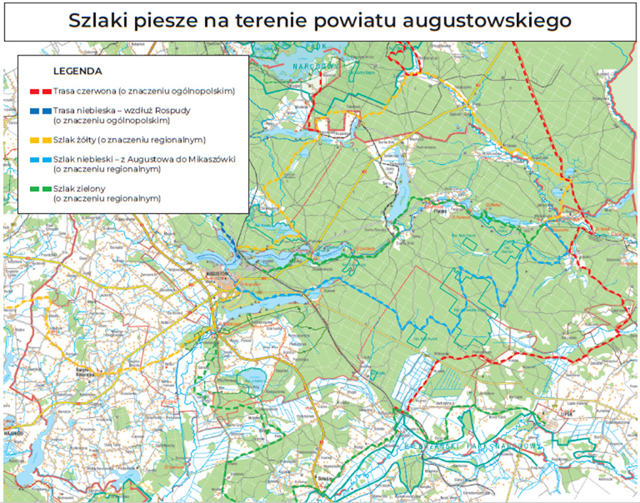 Mapa - szlaki piesze na terenie powiatu augustowskiego